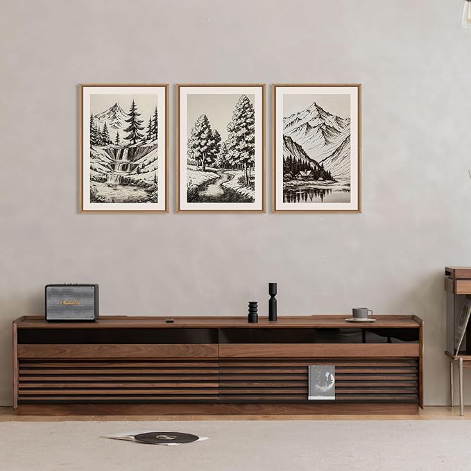 HOURIA Large Vintage Mountain Sketch Framed Canvas Wall Art Set,Modern Pine Tree Wall Decor, Natural Botanical Wall Painting,Retro Abstract Art Print for Living Room,Bedroom,Office- 24"x36"x3