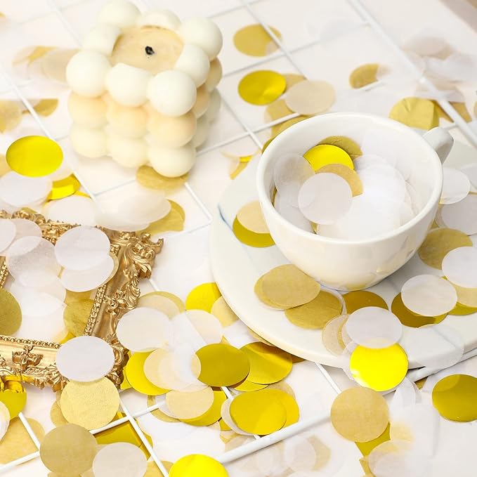 TecUnite Round Tissue Paper Table Confetti Dots for Wedding Birthday Party Decoration, 1.76 oz(White Gold Confetti,2.5 cm)