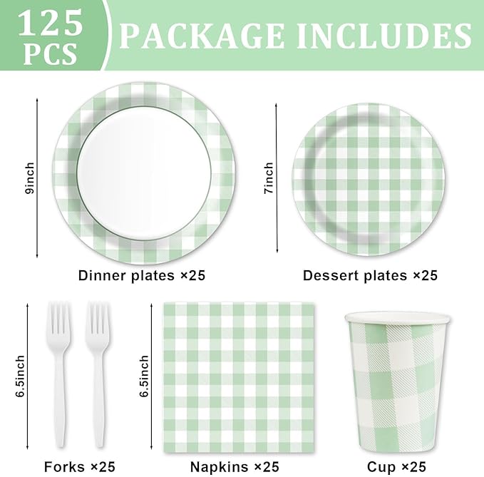Sage Green Gingham Disposable Plates and Napkins Party Supplies, Green and White Tableware Set Green Plaid Paper Plates for Birthday Family Dinner Picnic BBQ Baby Shower Wedding Decor Serves 25