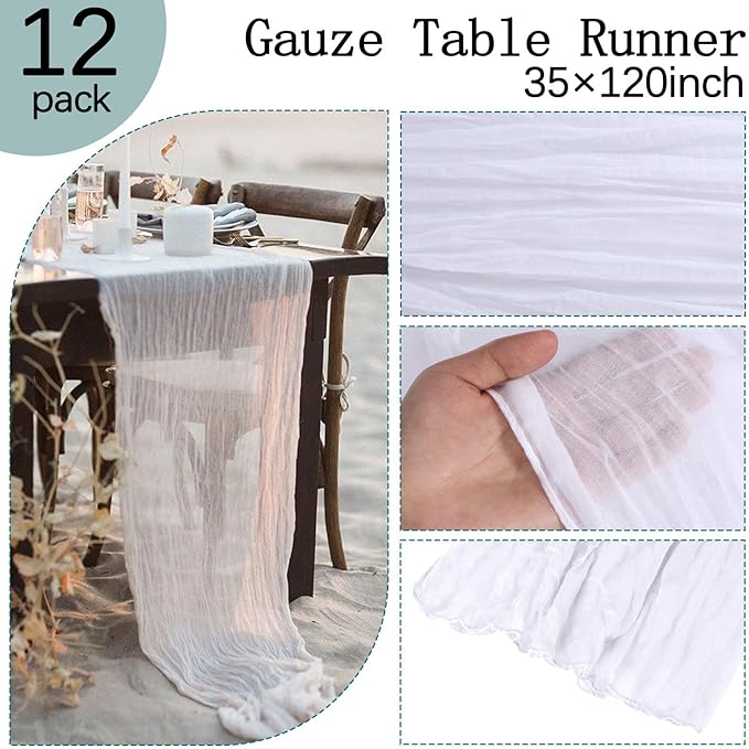 12 Pack White Cheesecloth Table Runner 10FT Boho Gauze Cheese Cloth Fabric 35 x 120 Inch Rustic Sheer Runner for Christmas Wedding Decor Baby Shower Party Boho Decoration