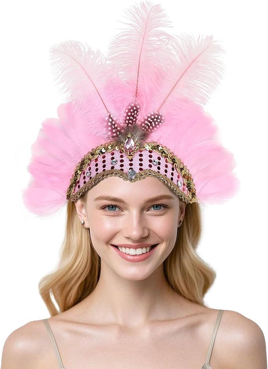 Women's Carnival Feather Headpieces Sequin Headdress for Wedding Masquerade Party Cosplay Feather Headbands