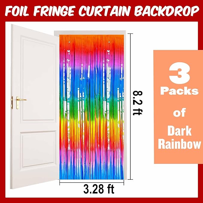 3 Pack Dark Rainbow Foil Fringe Curtains Backdrop, 3.28 x 8.2 Ft Metallic Streamers Tinsel Curtains Background for Photo Booth, Birthday, Halloween, Christmas, New Year Party Decorations