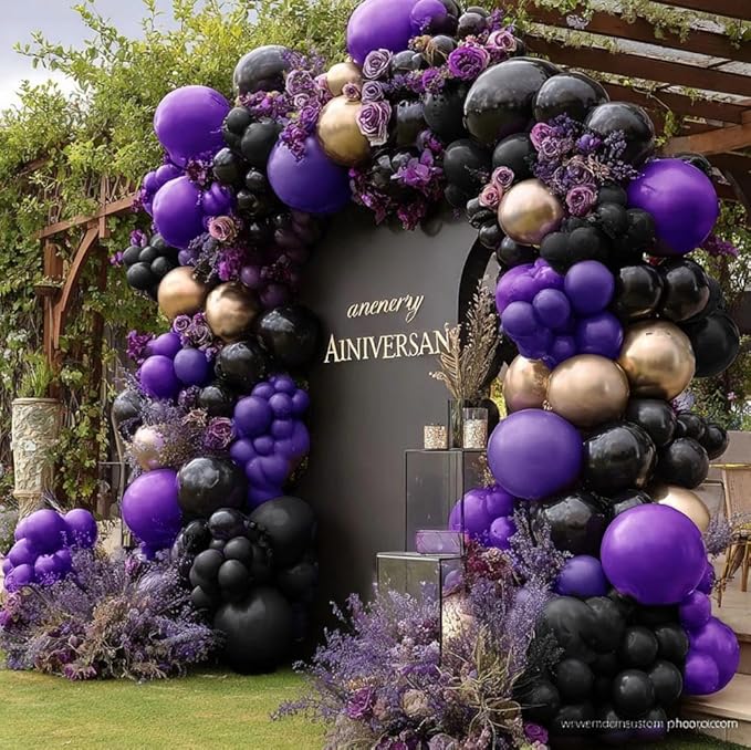 Purple Black Gold Balloon Garland Double Stuffed Dark Purple Black Balloons Metallic Lilac Balloon Arch Kit for Birthday Halloween Prom Vampire Anniversary Party Decoration