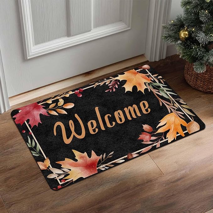Fall Welcome Maple Leafs Decorative Door Mat, Autumn Thanksgiving Doormat for Indoor Outdoor Entrance Floor Mats,Fall Pumpkins Non Slip Harvest Vintage Decor Rubber Welcome Mats 16" x 24" Inch
