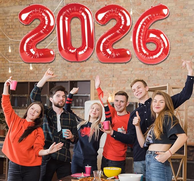 2026 Balloon - Red Birthday Number Balloons, 40 Inch Large Foil Balloons for Men Women Boys Girls Red Themed Birthday Decorations，Number 2026 Balloon