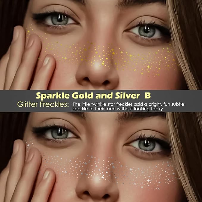 12 Sheets Gold and Silver Glitter Freckles Face, Glow Up Makeup Patches, Face Glitter Makeup Speckles, Waterproof Cosmetic, Glitter Makeup Accessories for Women (Gold Silver B)