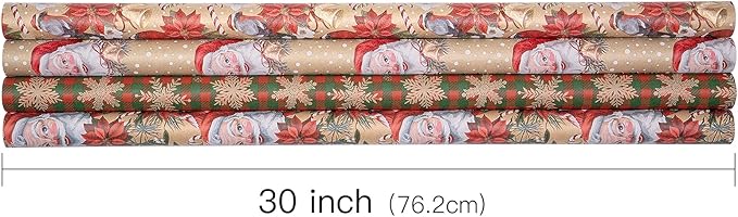 RUSPEPA Kraft Christmas Wrapping Paper Set, Jumbo Roll, Vintage Santa, Bird, Poinsettia,and Gold Snowflake Plaid Design, Kraft Gift Wrap for Christmas, Holiday, 4 Rolls, 30 Inches x 10 Feet per Roll