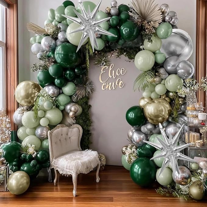 Emerald Green Gold Balloons Dark Green Silver Gold Balloon Arch Dusty Green Balloon Garland Kit for Birthday Wedding Anniversary Christmas New Year Party Decorations