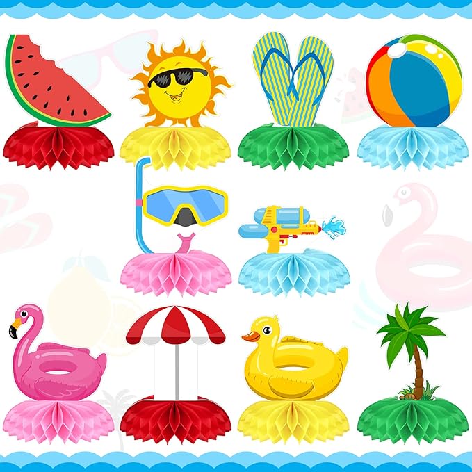 10 Pcs Summer Pool Honeycomb Table Centerpieces Decorations Beach Hawaii Theme Birthday Party Paper Table Topper Photo Props for BBQ Summer Pool Party Beach Favor Supplies