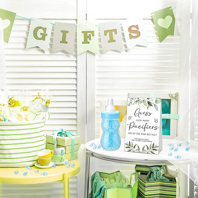 Roowest 512 Pcs Baby Shower Games Guess How Many Pacifiers Sign 100 Small Guessing Games 10 HB Pencils 750ml Milk Bottle 400 Acrylic Pacifiers Decoration for Guest Gender Reveal(Blue,Plant)
