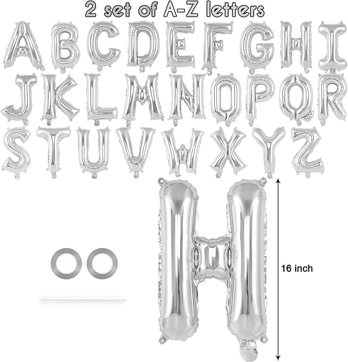 52 Pcs Silver Letter Balloons,16 Inch Foil Alphabet Letter Balloons,Letter A-Z Balloon Banner Custom Phrase Balloon for Birthday Party Wedding Anniversary Decoration (Silver 52pcs)
