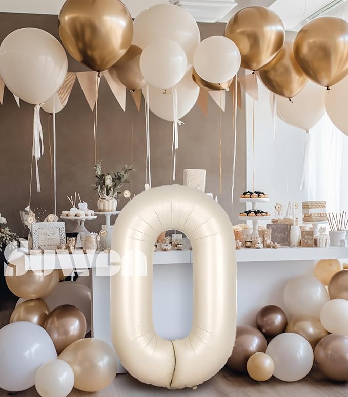SUWEN 40 Inch Cream White Large 0 Balloon Numbers Big Foil Helium Number Balloons 0-9 Jumbo Happy 0th Mylar Birthday Party Decorations for Boy or Girl Anniversary Party Supplies