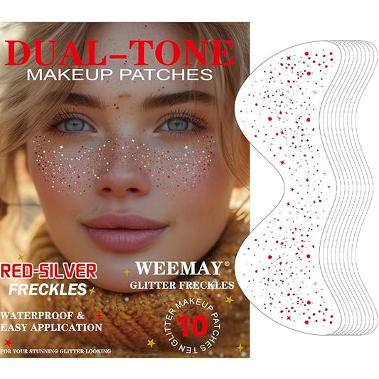 10 Pcs Red-Silver Dual-tone Glitter Freckles,Red and Silver Glitter Freckles Face Tattoo, Waterproof Face Sparkle Freckles, Long-lasting 48h Temporary Tattoos for Christmas