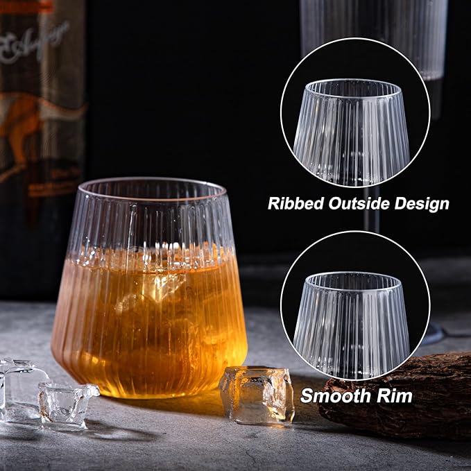 Ciaell 30 Pack Plastic Ribbed Wine Glasses - 14 OZ Thicker Origami Stemless Disposable Wine Champagne Whiskey Unbreakable Clear Cocktail Glass, Reusable Wine Cups for Home Party Wedding Bar