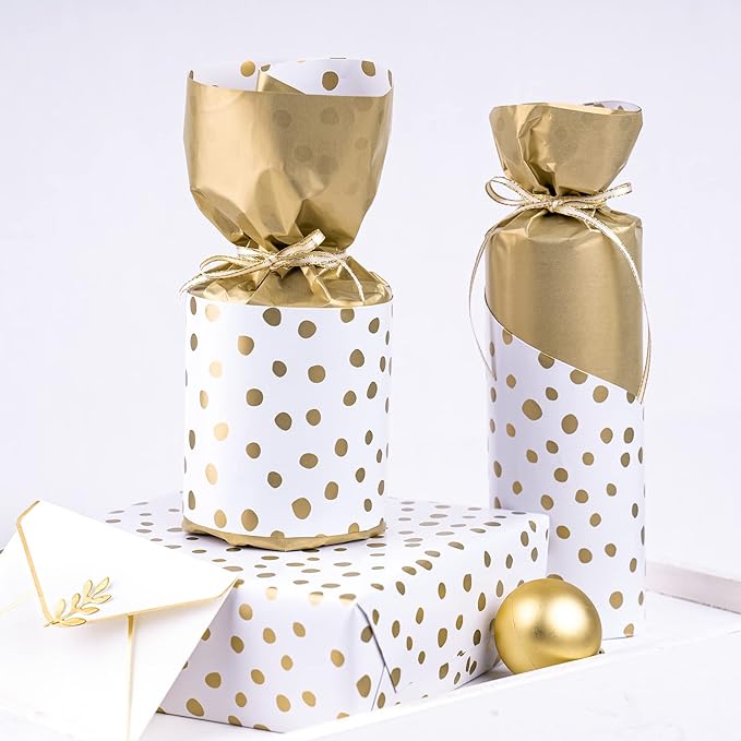 WRAPAHOLIC Reversible Wrapping Paper - Mini Roll - 30 Inch x 33 Feet - Gold Print and Delicate Polka Dot Wrapping Paper for Birthday, Holiday, Wedding, Baby Shower