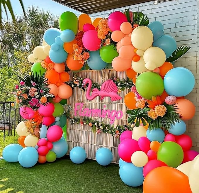 Hot Pink Orange Blue Balloon Garland Double Stuffed Pink Green Yellow Peach Teal Balloon Arch Kit Colorful Balloons for Birthday Baby Shower Wedding Bridal Tropical Hawaiian Flamingo Luau Party Decor