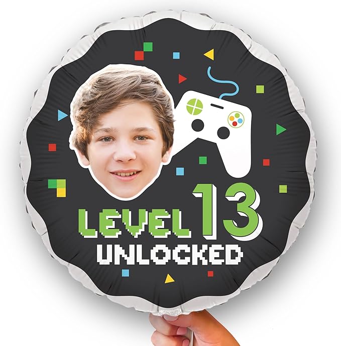 Big Dot of Happiness Personalized Game Zone Fun Face Photo Balloon, Pixel Video Game Birthday Party Decoration, Custom Age Double-Sided Circle Mylar, 1 Piece
