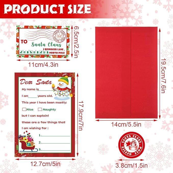 Cholemy 192 Pcs Official Letter to Santa Kit Including 48 Pcs Christmas Cards with Coordinating 48 Pcs Red Envelopes 48 Pcs Stamps 48 Pcs Stickers 5 x 7 Letter to Santa for Christmas Wish List Kids