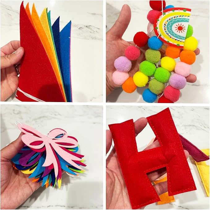Happy Birthday Banner Set- Pre Strung Reusable Felt 3D Happy Birth Day Sign Banner, Pompom Garland, Bunting Flags and Bow Garland for Birthday Party Decorations for Women Men Boys Girls