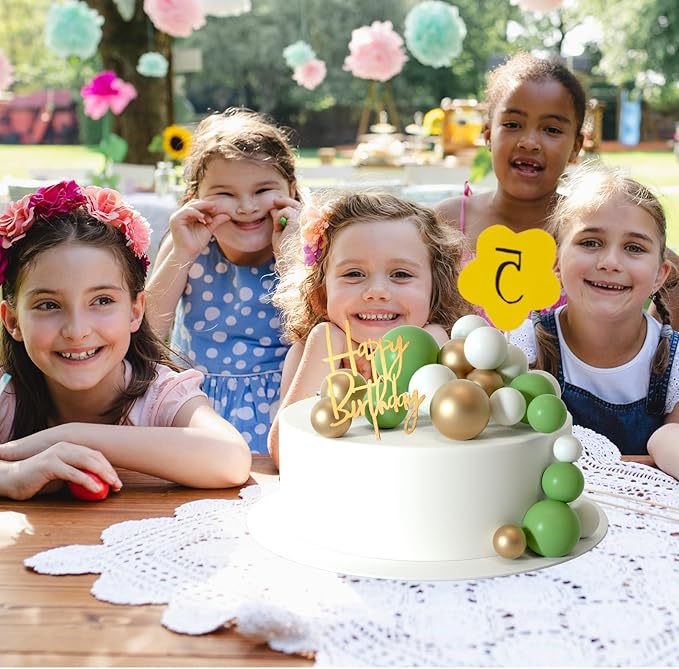 MIAHART Ball Cake Toppers Boho Grass Cake Topper Ball Cake Insert Decoration for Birthday Wedding Baby Shower Party Decorations Boho Themed Party Supplies (green，gold，white)