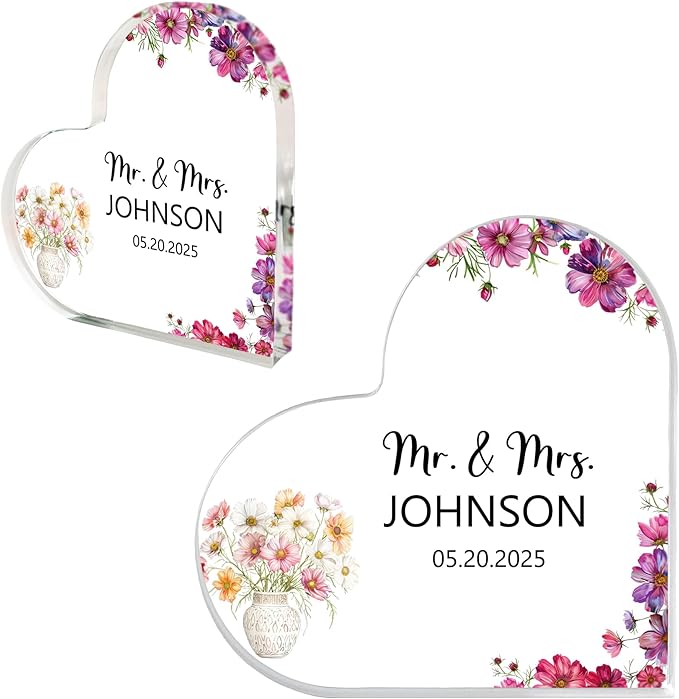 Custom Wedding Heart Acrylic Plaque,Mr & Mrs Cake Topper,Personalized Wedding Keepsake/Gift/Sign (Style 8)