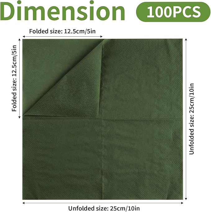 100 Pack Cocktail Napkins Disposable, 2-Ply 5" x 5" Party Napkins, Square Beverage Dinner Napkin for Wedding Birthday Party Anniversary Reception Bar Event (Dark Green)