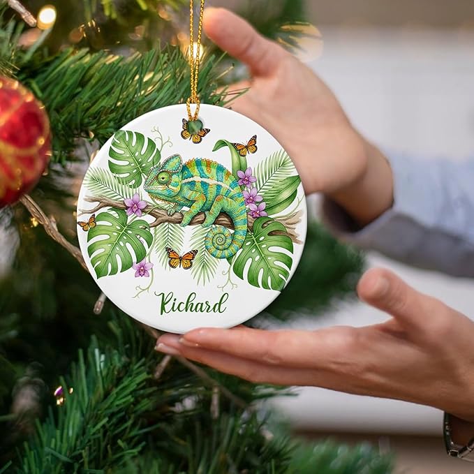 Chameleon Ceramic Ornament Christmas 2025, Personalized Choose Name Chameleon Lover Ornament, Reptile Hanging Xmas Tree Keepsake, Custom Animal Decoration, Chameleons Animal Ornaments with Nature