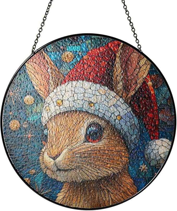Desert Cottontail Rabbit Stained Glass Window Hanging Decor - Desert Cottontail Rabbit Christmas Decor - Wall Decor for Indoor Outdoor - Beautiful Xmas Gift & Home Decoration