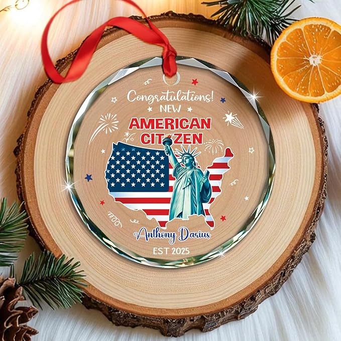 Personalized Congratulations New American Citizen Ornament Christmas 2025, Unique American Map & State of Liberty Ornaments Gift for New Us Citizen, Custom Year Name US Citizenship Glass Ornament