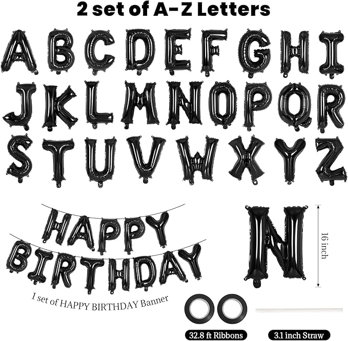 65 Pcs Black Happy Birthday Balloons and 2 Sets A-Z Letters Foil Balloons, 16 Inch Personalized Name Happy Birthday Banners for Wedding Baby Shower Anniversary Party Decorations (Black)