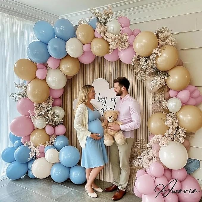 Pink Blue Brown Balloon Garland Double Stuffed Dusty Pink Light Blue White Sand Pearl Balloons Pastel Balloon Arch Kit for Boho Baby Shower Birthday Bridal Shower Bear Gender Reveal Party Decoration