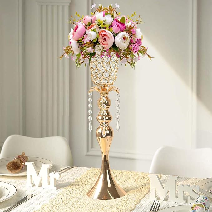 6Pcs Gold Crystal Metal Vase Set - Tulip & Trumpet Wedding Centerpieces, Artificial Flower Arrangement Vases Bulk for Home Decor, Restaurant Table Displays