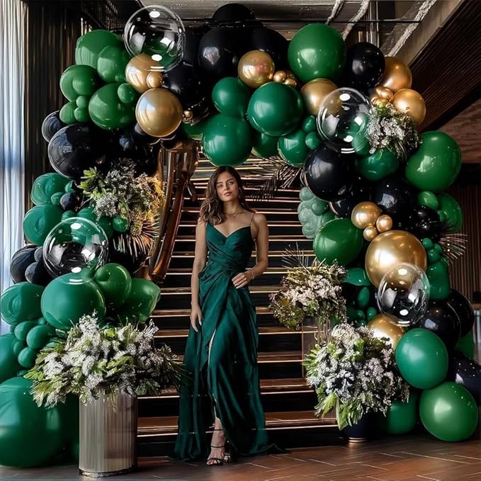 Dark Green Black Balloon Arch Double Stuffed Emerald Hunter Green Black Gold Balloon Garland Kit for Birthday Christmas Wedding Bridal Baby Shower Jungle Graduation New Year Party Decor