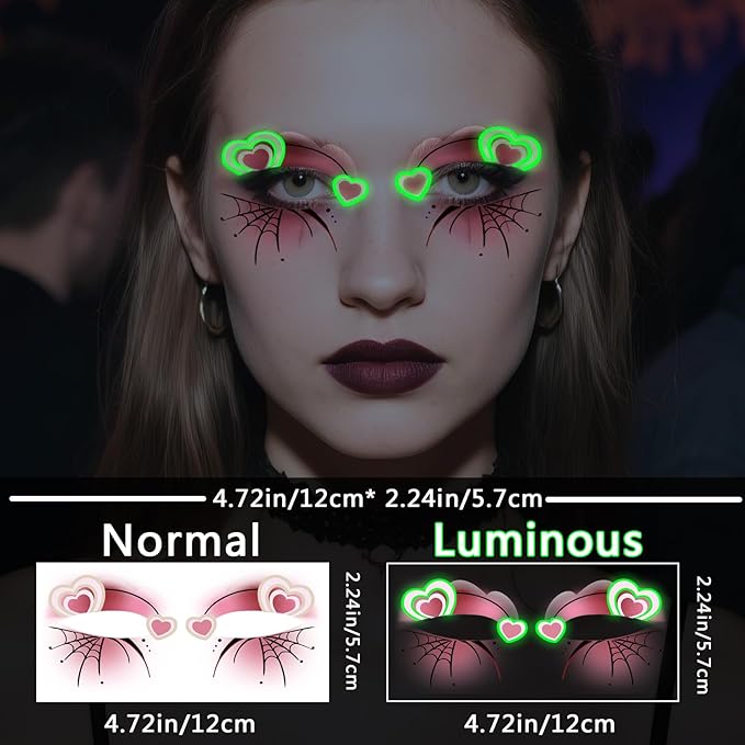 24 Pairs Halloween Luminous Eye Shadow Temporary Tattoos, Eyeliner Tattoo Stickers Spider Web Bat Pattern, Glow in the Dark Eyeliner Fake Tattoos for Women Men Eye Makeup Halloween Party Supplies
