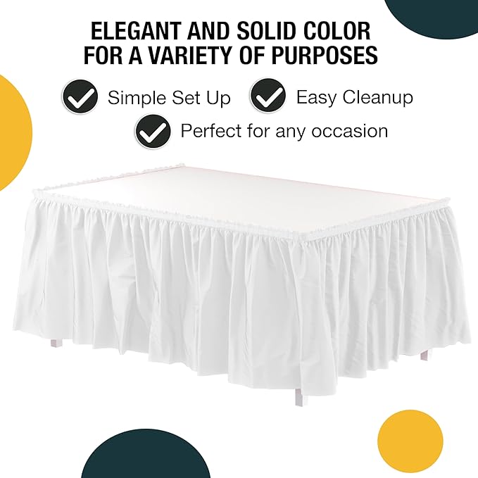 Exquisite Ruffle Table Skirt White Pack Of 6, 14 Ft Long Table Skirts for Rectangle Tables 6ft Plus or Round Tables Skirts with Adhesive Strip for Gender Reveal Decor & Happy Birthday Parties