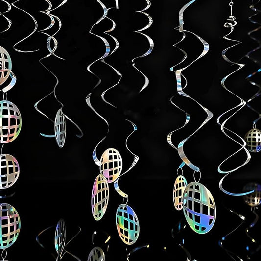 Disco Hanging Swirl Set Party Decorations, 48 Pcs, Disco Ball Party Supplies Sign,Silver