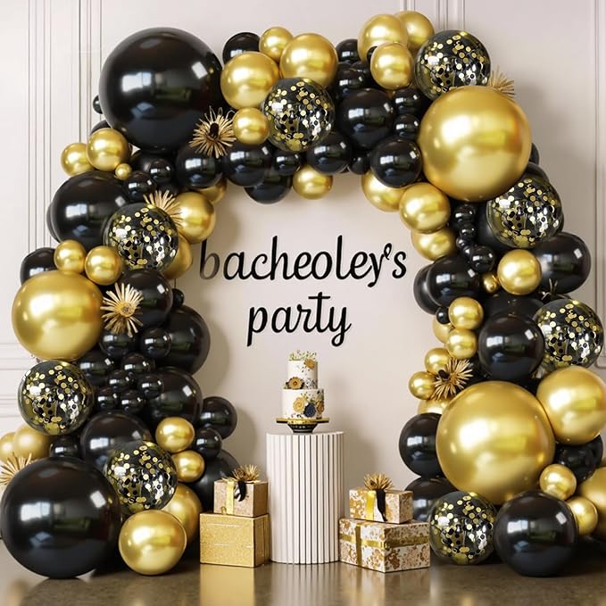 Black and Gold Balloon Arch Kit, 144pcs Black and Gold Balloons Metallic Gold Confetti Balloons Different Sizes 18/12/10/5in for Birthday Wedding New years Graduation Masquerade Party Decorations