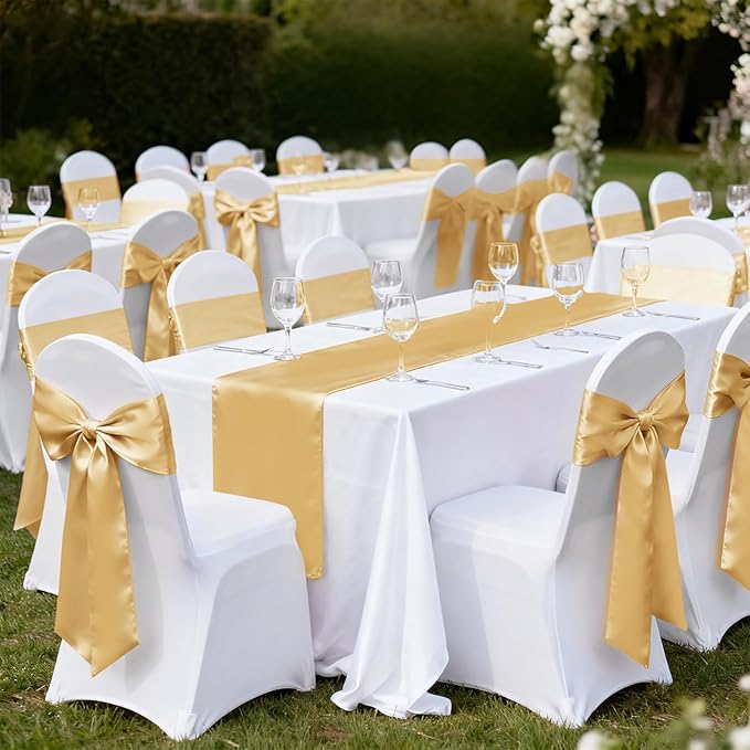 10 Pack Satin Table Runners Light Gold 12x108 Inch Long,Satin Silk Smooth Fabric Table Runner for Wedding,Birthday Party and Banquet Decoration,Chair Sashes,Light Gold