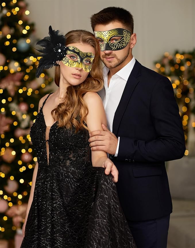 Glod Masquerade Mask for Couples - Women's Mask with Feathers & Venetian Masks for Men - Party, Mardi Gras, Halloween, Cosplay, Prom, Christmas