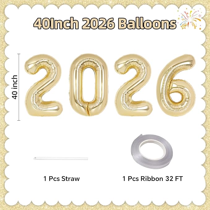 KALOR 42 Inch 2026 Light Gold Mylar Number Balloons, 2026 New Years Foil Balloon for 2026 Happy New Year Eve and Graduations Decorations Party Supplies