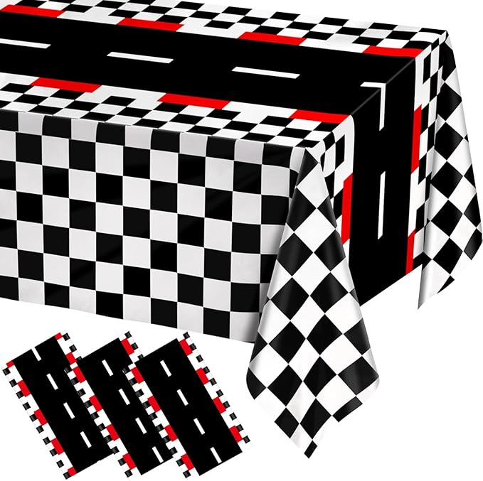 WNINK 3 PCS Racing Car Theme Tablecloths Car Disposable Plastic Tablecloths Black Checkered Flag Table Covers Racetrack Rectangular Tablecloth for Race Car Birthday Party Decorations, 54 x 108 Inch
