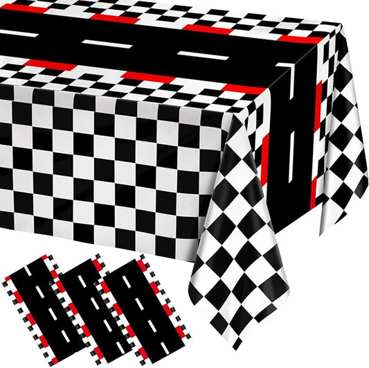 WNINK 3 PCS Racing Car Theme Tablecloths Car Disposable Plastic Tablecloths Black Checkered Flag Table Covers Racetrack Rectangular Tablecloth for Race Car Birthday Party Decorations, 54 x 108 Inch
