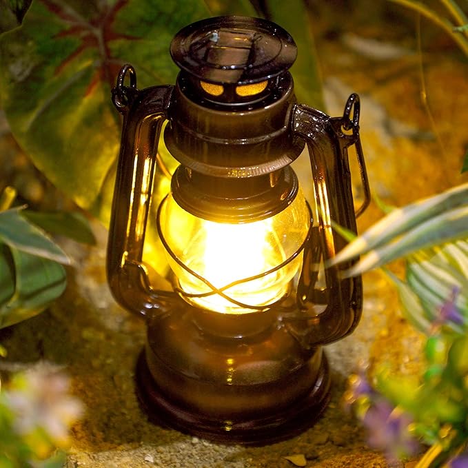 Hortsun 2 Pieces 8 Inch Vintage LED Hurricane Lantern 12 Warm LEDs and Dimmer Switch Battery Operated Farmers Hanging Lantern for Halloween Christmas Indoor Outdoor Camping Usage Decor
