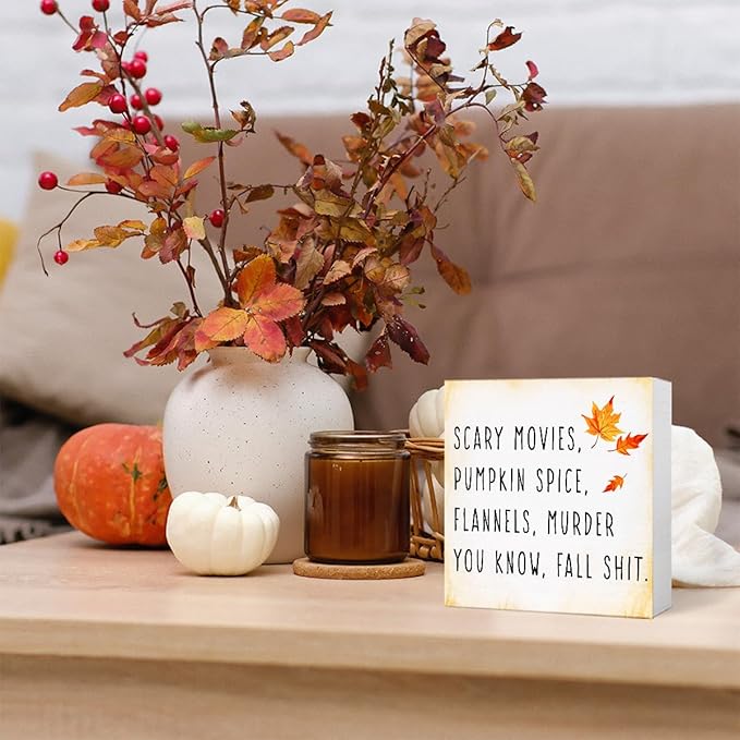 Funny Autumn Wood Box Sign Fall Wooden Block Desk Décor for Home Office Kitchen Cubicle Table Shelf Tabletop,Farmhouse Fall Sign Decor