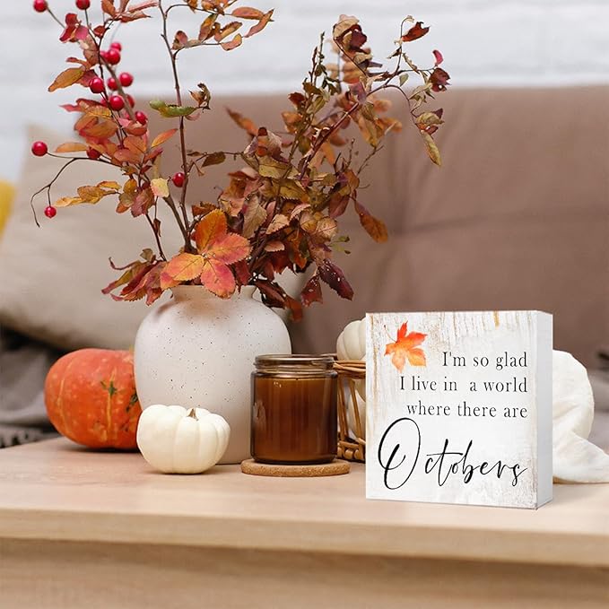 Funny Autumn Wood Box Sign Where there are Octobers Wooden Block Desk Decor for Home Office Kitchen Cubicle Table Shelf Tabletop,Farmhouse Fall Sign Decor