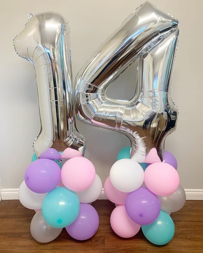 40 Inch Silver 14 Number Balloons Giant 14 or 41 Balloons Silver Birthday 14 Balloons 14th Birthday Anniversary Party Decorations Supplies