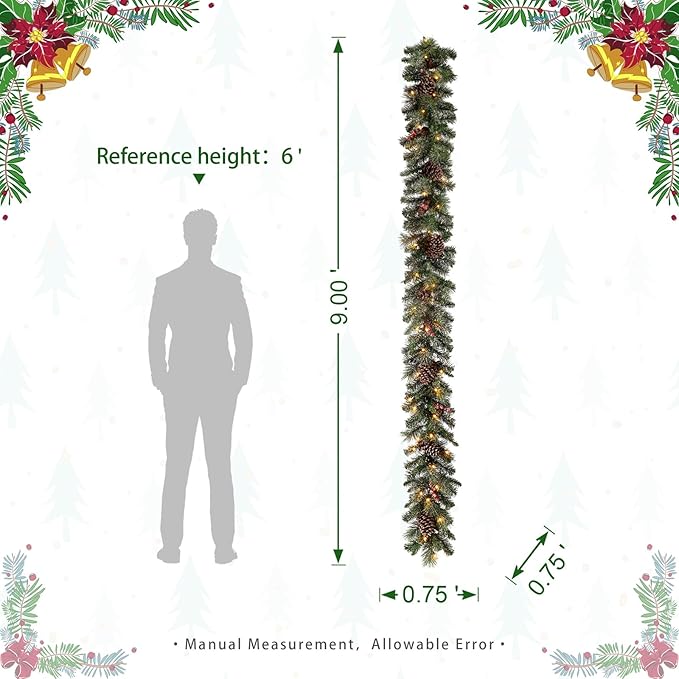 Glitzhome 9ft Prelit Christmas Garland, Glittered Greenery Garland Artificial Pine Garland with Pine Cones Berries, Christmas Garland with Lights and Timer for Mantle, Fireplace, Stairs Decorations