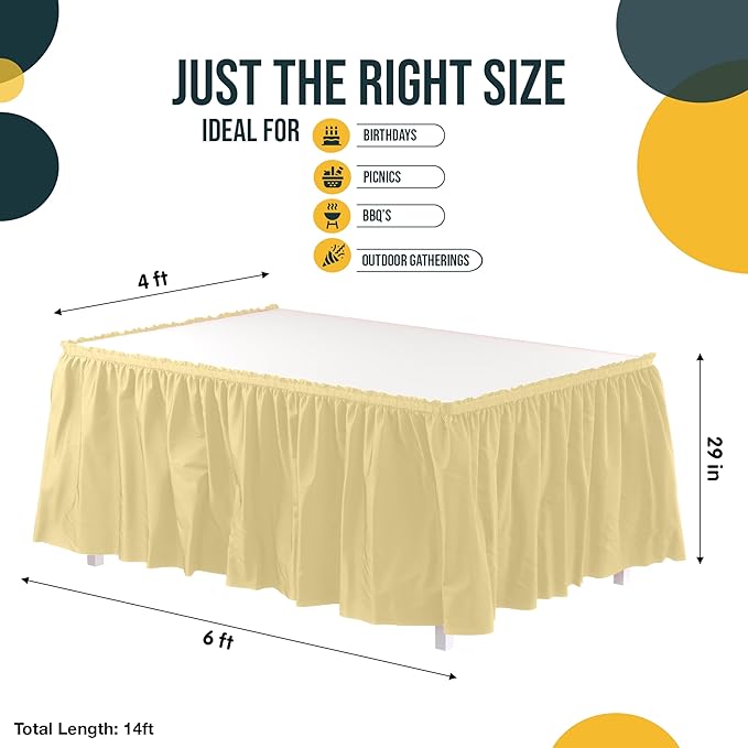 Exquisite Ruffle Table Skirt Light Yellow 6 Pack 14 Ft Long Table Skirts for Rectangle Tables 6ft Plus or Round Tables Skirts with Adhesive Strip for Gender Reveal Decor & Happy Birthday Parties