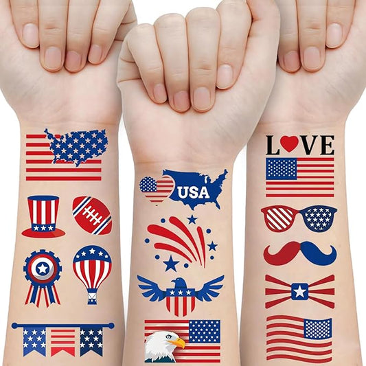 4th of July Temporary Tattoos Kids Adults, 90pcs American Flag Red White Blue Fake Tattoo Stickers, Independence Day Fourth of July Body Art USA National Memorial Decorations for Labor Day Party