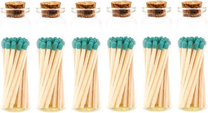 River Birch Decorative Matches in a Bottle with Striker - Cute & Colored Matches - 6 Bottles, Teal Tip, 120 Matches